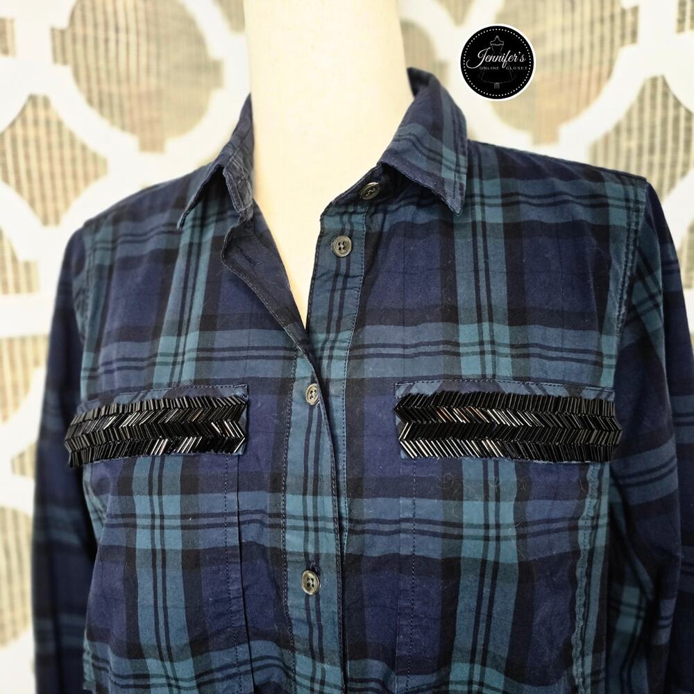 J. Crew Women's Navy/Green/Black Plaid Chevron Beaded Popover Tunic Top Size 10 - Picture 4 of 12